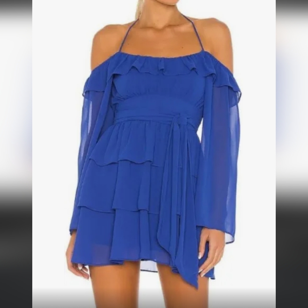 Lovers and friends off shoulder sheer blue dress